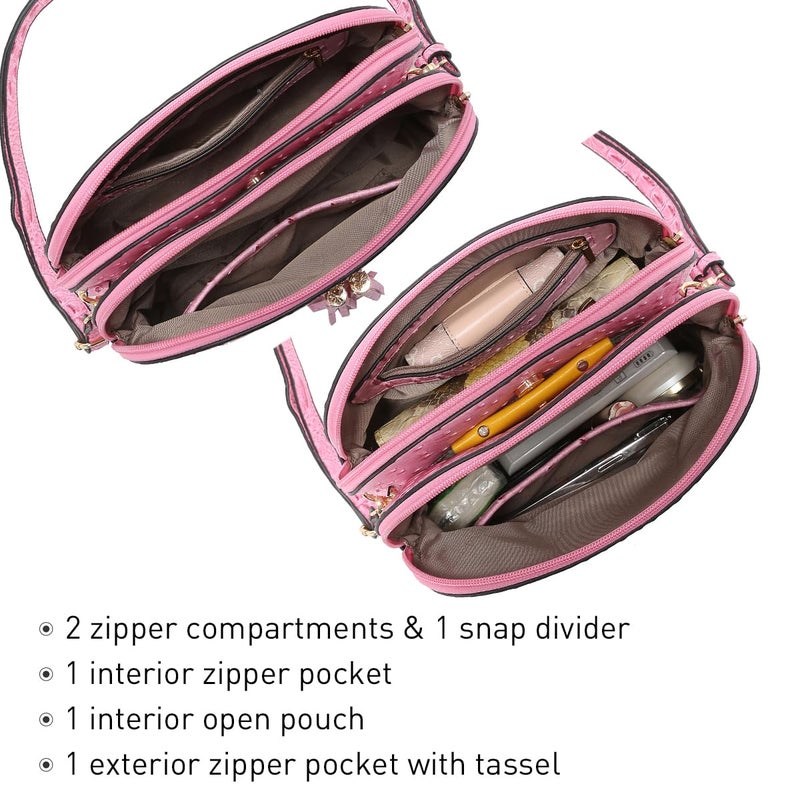 Dasein Women Tassel Zipper Pocket Crossbody Bag Shoulder Purse Fashion Travel Bag with Multi Pockets(Ostrich Pink) - Image 5